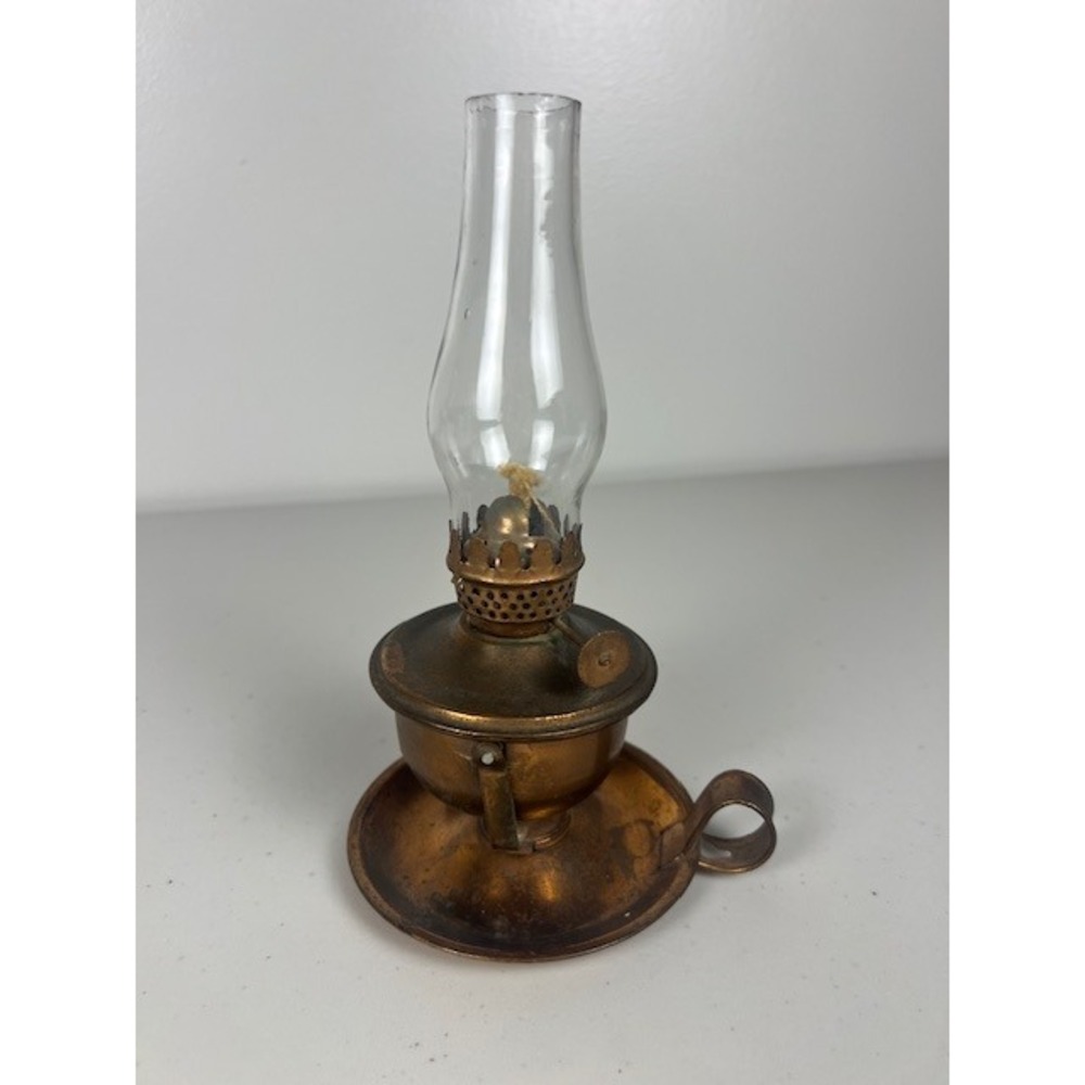 Vintage Stellar Brass Miniature Oil Lamp Finger Hold Hurricane Hong Kong 8.5"